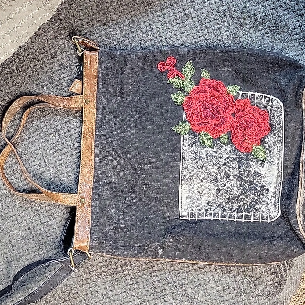 Mona b bag ,black faded denim with rose embroidery